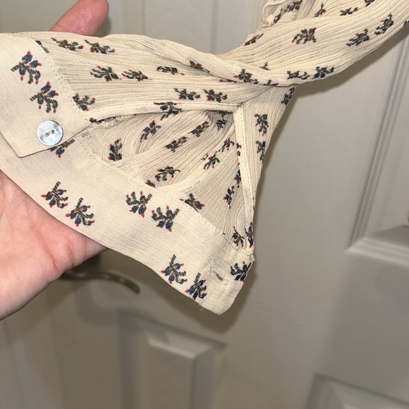 MASSIMO DUTTI Ivory Black Print Dress Shirt Blouse Button Down Ruffle Blouse L - Picture 4 of 8